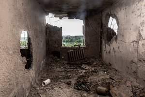 An interior view of an apartment in a residential building destroyed by bombardment. Four months after Russia launched its invasion of Ukraine, fighting has moved from areas around the capital Kyiv to eastern regions. Just 25 kilometers from Kyiv, however, the town of Irpin still bears the scars of heavy fighting and shelling, which reduced many buildings to ruins.