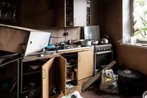 An interior view of an apartment in a residential building destroyed by bombardment. Four months after Russia launched its invasion of Ukraine, fighting has moved from areas around the capital Kyiv to eastern regions. Just 25 kilometers from Kyiv, however, the town of Irpin still bears the scars of heavy fighting and shelling, which reduced many buildings to ruins.