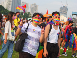 A couple takes part during the Metro Manila Pride March. LGBTQ (Lesbian, Gay, Bisexual, Transgender and Queer) activists staged the annual Pride March and Festival at CCP Open Grounds in Pasay City.
