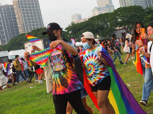 Participants march with LGBT flags during the Metro Manila Pride March. LGBTQ (Lesbian, Gay, Bisexual, Transgender and Queer) activists staged the annual Pride March and Festival at CCP Open Grounds in Pasay City.