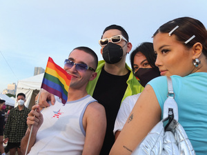 Philippine TV host Raymond Gutierrez along with his non-showbiz foreigner BF, Robert William pose for a group photo during the Metro Manila Pride March. LGBTQ (Lesbian, Gay, Bisexual, Transgender and Queer) activists staged the annual Pride March and Festival at CCP Open Grounds in Pasay City.