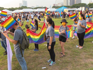 Participants with LGBT flags take part in the Metro Manila Pride March. LGBTQ (Lesbian, Gay, Bisexual, Transgender and Queer) activists staged the annual Pride March and Festival at CCP Open Grounds in Pasay City.