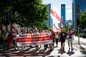 People hold a banner saying "Belarus will be free" during the March of dignity dedicated to the 2nd anniversary of the beginning of the protests in Belarus. Belarusian diaspora around the world organized the International day of solidarity with Belarus, dedicated to the anniversary of the presidential elections in Belarus on August 9, 2020. After falsifying the election results and police brutality, hundreds of thousands of people in Belarus went to the street to show their peaceful pro-democracy protest. Repressions dedicated to the pre-election period and post-election period continued till now. Some people were forced to leave Belarus because of security reasons.