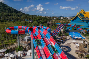 (EDITORS NOTE: Image taken with drone) 
People are seen on rafts going through a large waterslide at Andamanda Waterpark in Phuket. The Tourism Authority of Thailand (TAT) launched the "Amazing New Chapters" campaign to grow international tourism in the southern part of Thailand, namely, Phuket, Ko Pang Ngan and Khao Lak.