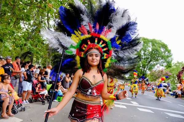 A woman from the Bolivian origin dances during the parade in tribute to the Virgin of Urkupiña. The Bolivian community residing in Spain has paid its traditional tribute to the Virgin of Urkupiña (Patron Saint of the Integration of Bolivia), with an artistic and cultural parade to show that Madrid is a city that “receives, integrates and enriches”.