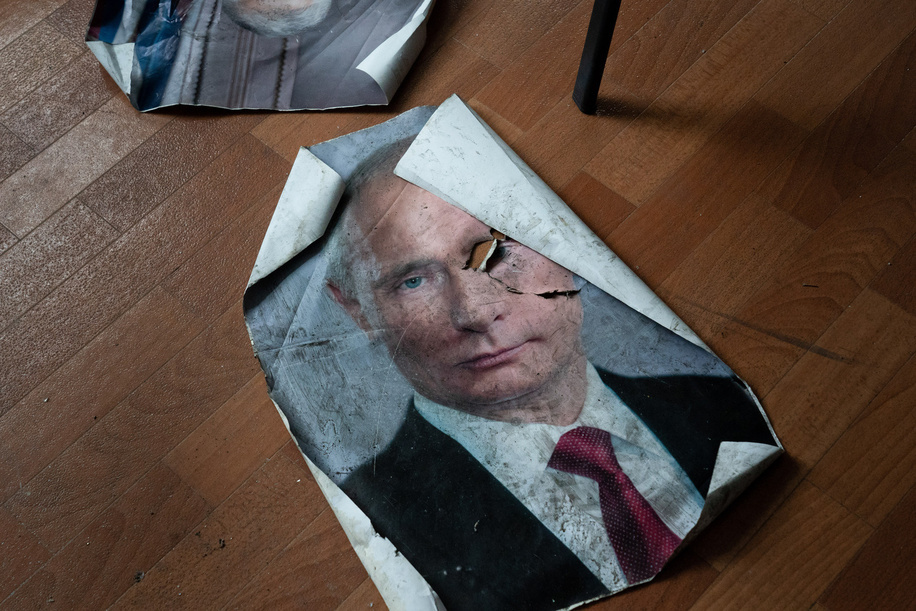 Russian president Vladimir Putin's poster seen damaged on the floor inside a police station in Kupiansk. The police station has been used to detain Ukrainian civilians during the period of Russian occupation. Ukrainian troops have made advancement to the east of the Oskil River in Kupiansk, a city in the Kharkiv region. The Ukrainian armed forces attempt to liberate the town after an almost 7-month occupation by Russia but met with resistance.