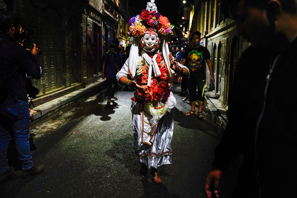 A masked deity performs the Astamatrika Naach, an auspicious dance believed to protect people from natural disasters and evil spirits. This ritual started in the seventeenth century at Patan in Lalitpur.