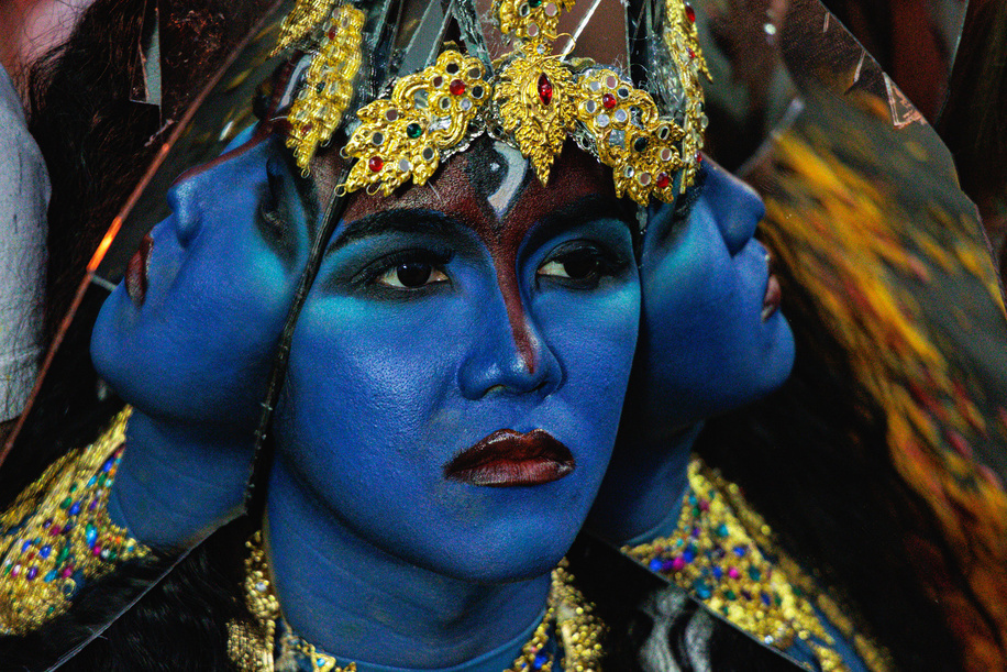 A Hindu-Brahman believer dresses up as Mahakali, the Hindu goddess, during the festival. Navaratri is a festival observed by those who subscribe to the Hindu-Brahman faith. This festival is annually held by Hindu-Brahman around Silom road in Bangkok.