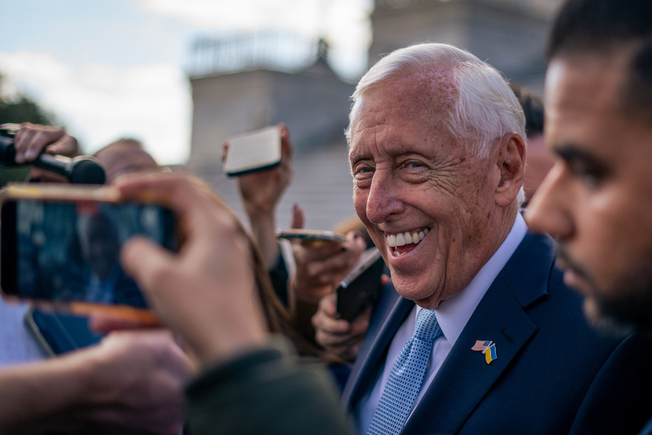 House Majority Leader, Steny Hoyer (D-MD), smiles in response to a question regarding the future of Democratic House Leadership.House Speaker Nancy Pelosi and House Majority Leader Steny Hoyer announced that they would step down from House leadership roles, paving the way for a new generation of leaders. Pelosi called an imediate meeting on Thursday with all Representatives.