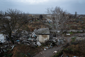 A shed with the letter 'Z' was seen marked on the wall near the Kherson airport. Kherson airport was left with wreckage after Ukrainian troops attacked the base of the Russian forces during their occupation of the area. The Russian troops have fled and abandoned this strategic location.