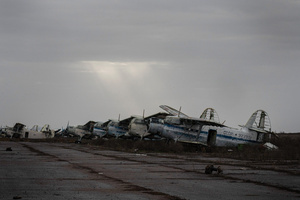 Several damaged aircraft seen at the Kherson airport. Kherson airport was left with wreckage after Ukrainian troops attacked the base of the Russian forces during their occupation of the area. The Russian troops have fled and abandoned this strategic location.
