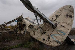 Letter 'Z' is seen marked on a damaged aircraft at the Kherson airport. Kherson airport was left with wreckage after Ukrainian troops attacked the base of the Russian forces during their occupation of the area. The Russian troops have fled and abandoned this strategic location.