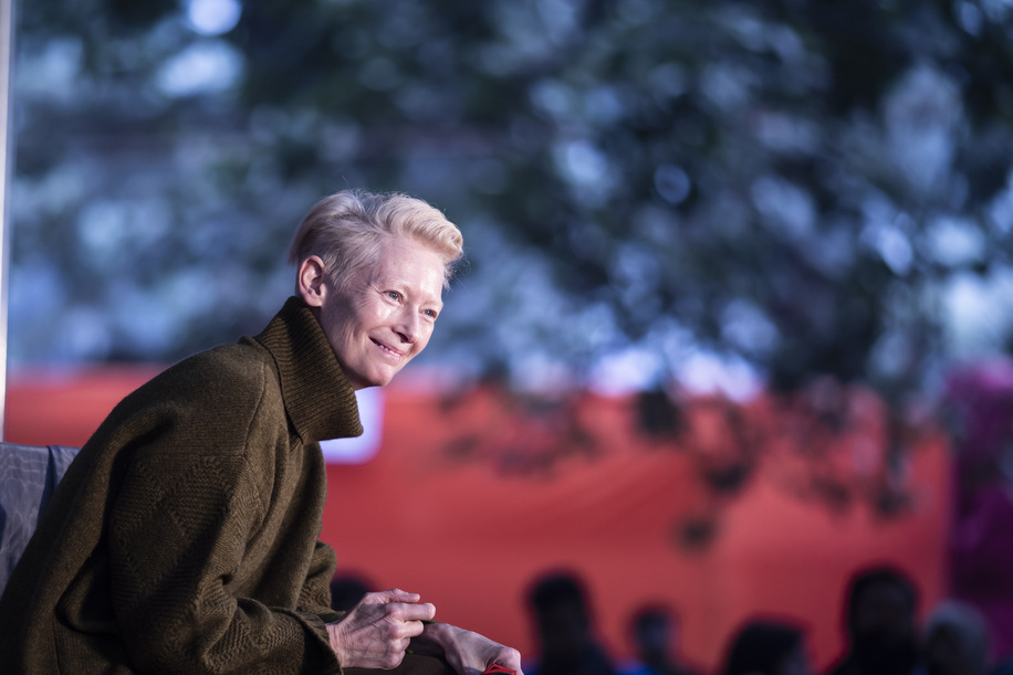 Oscar-winning British actress Tilda Swinton delivers a speech during the Dhaka Lit Fest. The four-day-long Dhaka Lit Fest, which brought together a diverse mix of the world's best writers, filmmakers, musicians, and artists, ended with a reaffirmation of its commitment to promote Bangladeshi culture, literature, and arts at the Bangla Academy on Sunday. This festival officially concluded with a recitation, dance performance, and music performances.