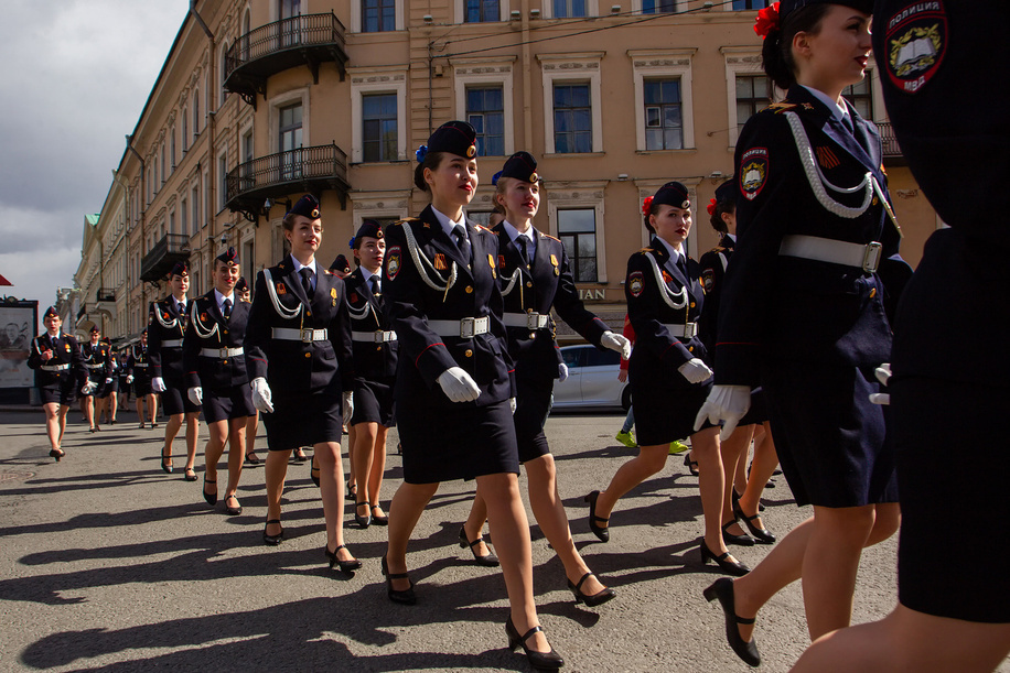 Servicewomen of the Russian Ministry of Internal Affairs are seen after the dress rehearsal for the Victory Day Parade at Palace Square. Russia will celebrate the 78th anniversary of the complete and final victory in the Great Patriotic War over Nazi Germany. Victory Day will be celebrated in many cities of the country on May 9. The main celebration will be in St. Petersburg and Moscow.