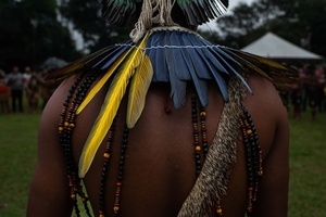 A man seen wearing ornaments made out of natural elements during the celebrations of the Indigenous People’s Day, at the Aldeia Katurãma.