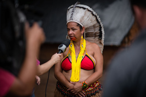 Chief Ãngohó Pataxó, an indigenous community leader make speeches during the celebrations of the Indigenous Peoples Day, at the Aldeia Katurãma.