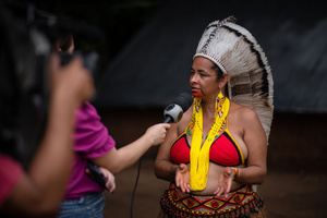 Chief Ãngohó Pataxó, an indigenous community leader is interviewed during the celebrations of the Indigenous Peoples Day, at the Aldeia Katurãma.