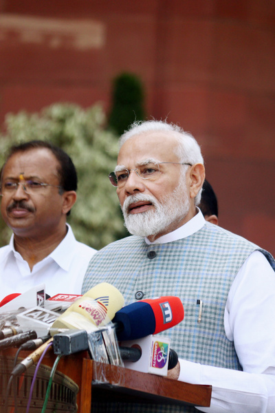 India's Prime Minister Narendra Modi addresses the media on the special session of Parliament in New Delhi.