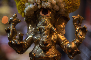 A statue of the Hindu god Lord Ganesha is seen during a ceremony to mark the Ganesh Chaturthi festival at Wat Khaek in Bangkok. The Ganesh Chaturthi is a Hindu festival to commemorate the birth of the Hindu god Lord Ganesha.