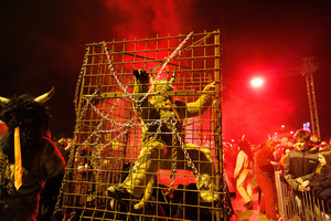 Krampusse perform during a Krampus run. More than 600 Krampuses from Slovenia, Austria, Italy, and Croatia joined the tenth anniversary of the Krampus run in Goričane. Krampus, a horned demon-like figure, traditionally works alongside Saint Nicholas or Santa Claus. While Santa rewards good children with gifts, Krampus scares and gives birch rods to misbehaving children. The Krampus run aims to remind both children and adults who haven't been well-behaved to improve their behavior before Christmas.