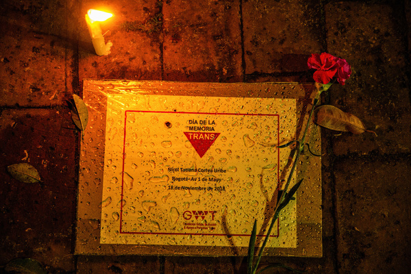 A flyer with the name of one of the transgender persons killed in Colombia seen during the demonstration. Demonstration in Bogotá on the occasion of the International Transgender Day of Remembrance to commemorate the murdered people from the trans community. Colombia is said to be the second country with the most victims in Latin America.