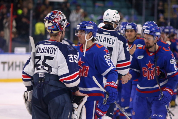 Torpedo Hockey Club player, Ivan Kulbakov (35) and SKA Saint Petersburg player Maxim Fedotov (65) seen in action during the Kontinental Hockey League, regular season KHL 2023 - 2024 between SKA Saint Petersburg and Torpedo Nizhny Novgorod at the Ice Sports Palace. (Final score; SKA Saint Petersburg 4:3 Torpedo Nizhny Novgorod)