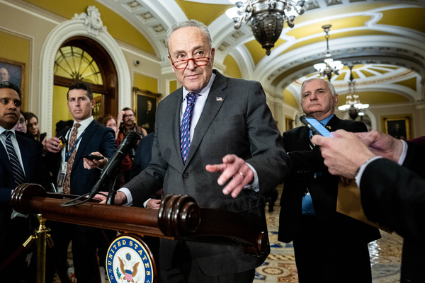 Senate Majority Leader Chuck Schumer (D-NY) speaking at a Senate caucus leadership press conference at the U.S. Capitol.