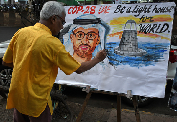A teacher from the Gurukul School of Art is painting about the Conference of the Parties of the UNFCCC (COP 28). Conference of the Parties of the UNFCCC (COP 28) will be held from 30th November to 12 December 2023 at Expo City Dubai in United Arab Emirates (UAE) to tackle the global challenge of climate change.