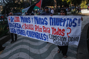 Protesters march with a banner expressing their opinion during the demonstration. Protesters participate in a rally in the city of Valparaiso in Chile to mark the International Day of Solidarity with the Palestinian People, condemning Israel’s war on Gaza and calling for a permanent ceasefire. This day is observed annually on November 29 to remember Resolution 181, when the UN decided in 1947 to divide Palestine into two separate Jewish and Arab states.
