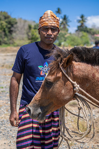 A horse handler stands close to his fighter horse during the traditional performance of horse fighting. The traditional performance of horse fighting was presented as one of a series of events for the 2023 Indonesian Photographers' Jamboree at the Bokori Island crossing pier, Soropia. Pogiraha Adhara or horse fighting tradition is a cultural performance in the Muna Regency and West Muna Regency areas where a horse handler brings two male horses to compete with each other / fight over a female horse.