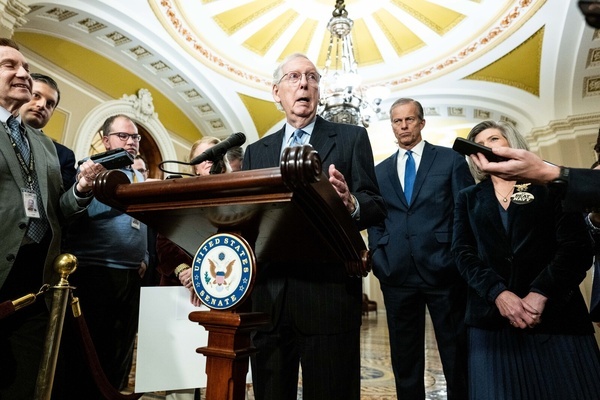 Senate Minority Leader Mitch McConnell (R-KY) speaking at a Senate caucus leadership press conference at the U.S. Capitol.