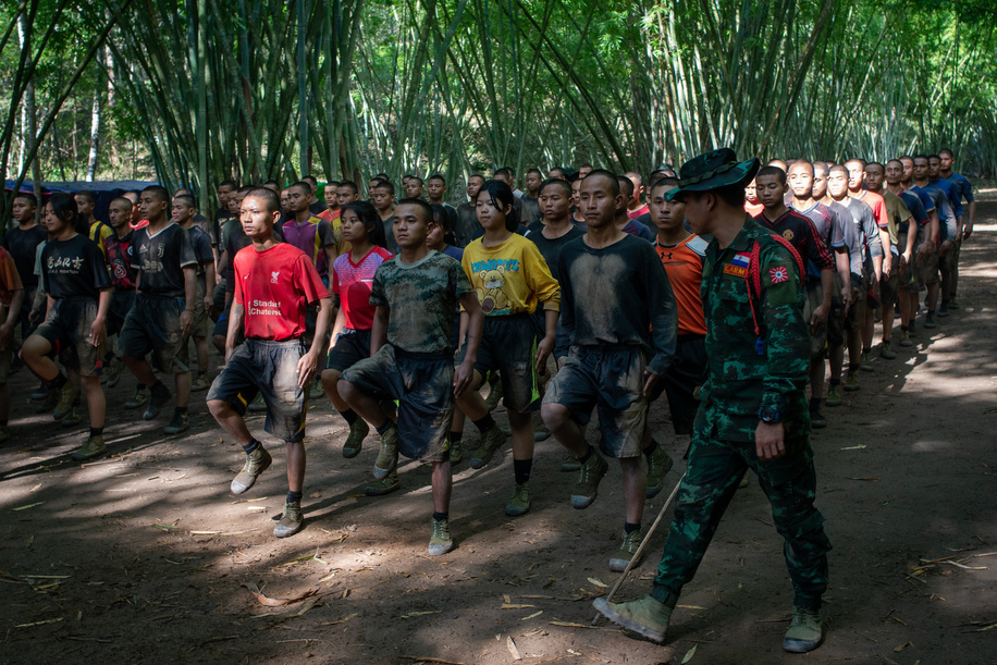 Trainees participate in the Physical Training of the Basic Military Training of Karenni Nationalities Defense Force, Strategy 6 (Batch 3) somewhere in Karenni (Kayah) state. The Karenni Nationalities Defence Force (KNDF) insurgent group was created in response to the coup d'état in February 2021. In 2023, the movement announced they have 22 battalions. The force consists of over 7000 fighters.