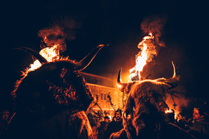 The Felos (carnival revellers of Maceda) wearing wooden masks and horns during the "Baixada da Marela" parade. "At Entrudo (Carnival), in the village of Maceda (Galicia - northern Spain) the villagers dress up as Felos and during the day they parade through the neighboring villages, during the night they do the "Baixada da Marela", they change clothes and wear horns and animal skins and parade with carts through the streets of Maceda, carrying torches, thorny snot and throwing flour at the visitors!".