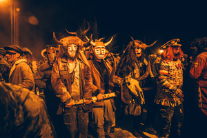 The Felos (carnival revellers of Maceda) wearing wooden masks and horns during the "Baixada da Marela" parade. "At Entrudo (Carnival), in the village of Maceda (Galicia - northern Spain) the villagers dress up as Felos and during the day they parade through the neighboring villages, during the night they do the "Baixada da Marela", they change clothes and wear horns and animal skins and parade with carts through the streets of Maceda, carrying torches, thorny snot and throwing flour at the visitors!".