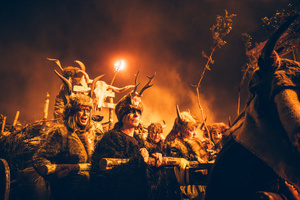 The Felos (carnival revellers of Maceda) wearing animal skin and horns during the "Baixada da Marela" parade. "At Entrudo (Carnival), in the village of Maceda (Galicia - northern Spain) the villagers dress up as Felos and during the day they parade through the neighboring villages, during the night they do the "Baixada da Marela", they change clothes and wear horns and animal skins and parade with carts through the streets of Maceda, carrying torches, thorny snot and throwing flour at the visitors!".