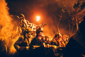 The Felos (carnival revellers of Maceda) wearing animal skin and horns during the "Baixada da Marela" parade. "At Entrudo (Carnival), in the village of Maceda (Galicia - northern Spain) the villagers dress up as Felos and during the day they parade through the neighboring villages, during the night they do the "Baixada da Marela", they change clothes and wear horns and animal skins and parade with carts through the streets of Maceda, carrying torches, thorny snot and throwing flour at the visitors!".