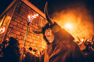 The Felos (carnival revellers of Maceda) wearing wooden mask and horns during the "Baixada da Marela" parade. "At Entrudo (Carnival), in the village of Maceda (Galicia - northern Spain) the villagers dress up as Felos and during the day they parade through the neighboring villages, during the night they do the "Baixada da Marela", they change clothes and wear horns and animal skins and parade with carts through the streets of Maceda, carrying torches, thorny snot and throwing flour at the visitors!".