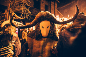 The Felos (carnival revellers of Maceda) seen wearing wooden mask and horns during the "Baixada da Marela" parade. "At Entrudo (Carnival), in the village of Maceda (Galicia - northern Spain) the villagers dress up as Felos and during the day they parade through the neighboring villages, during the night they do the "Baixada da Marela", they change clothes and wear horns and animal skins and parade with carts through the streets of Maceda, carrying torches, thorny snot and throwing flour at the visitors!".