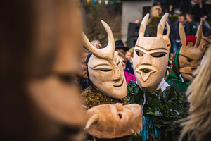 Caretos are seen during the Carnival parade in Lazarim. In Lazarim, northern Portugal, the carnival is celebrated with a tradition known as Entrudo. During this festivity, masks of devils and demons, intricately carved in wood by the village's craftsmen, are prominently featured. The carnival parade through the streets showcases these masks, portraying ancestral scenes of Portuguese culture.