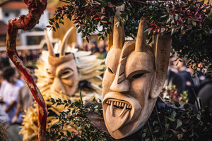 A Careto is seen during the Carnival parade in Lazarim. In Lazarim, northern Portugal, the carnival is celebrated with a tradition known as Entrudo. During this festivity, masks of devils and demons, intricately carved in wood by the village's craftsmen, are prominently featured. The carnival parade through the streets showcases these masks, portraying ancestral scenes of Portuguese culture.