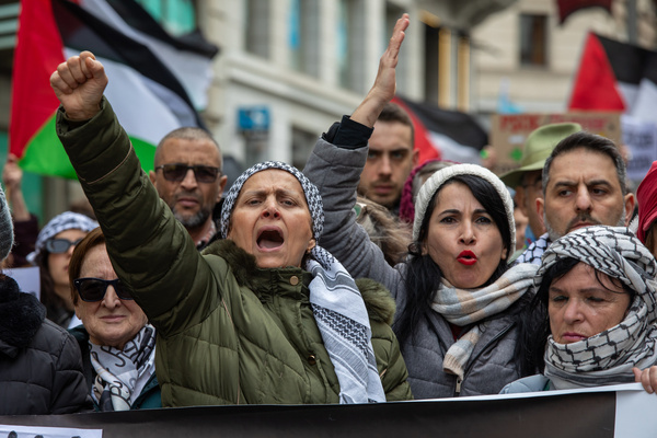 A protester chants slogans while making a gesture during the pro-Palestinian demonstration. Thousands of people demonstrated on Sunday, February 25, in the center of Madrid to demand a ceasefire by the state of Israel against the Palestinian people as well as an end to the sale of weapons by the Spain to the State of Israel.