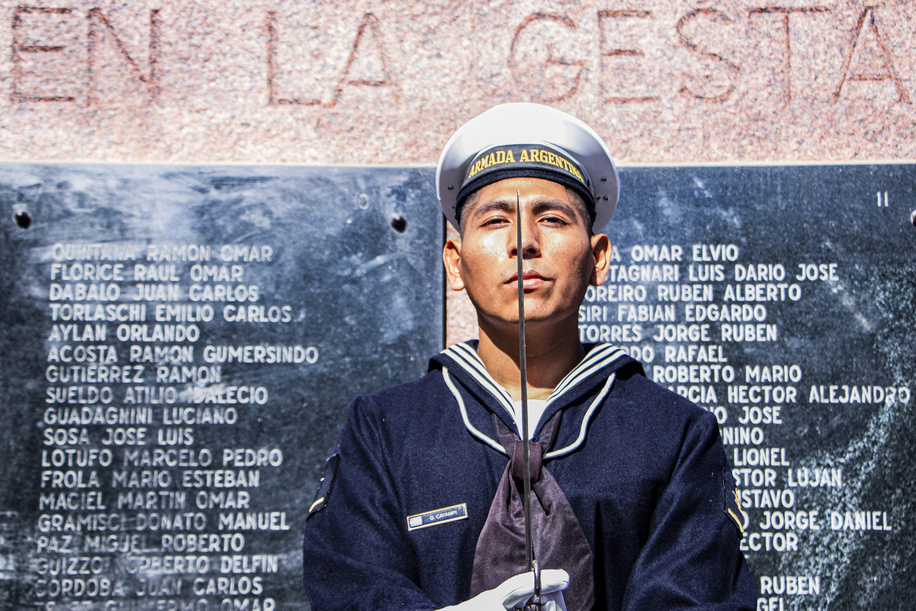 Soldier of the Argentine Navy on guard next to the 649 names of the fallen in the Malvinas War. Every April 2, Argentina celebrates the Day of the Veteran and the Fallen in the Malvinas War in order to pay tribute to those who participated in the 1982 war and fought for the sovereignty of the territory.