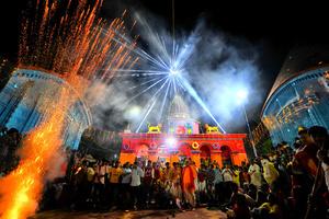 Fire crackers seen getting exploding during the annual Gajan Festival at Rudradev Temple of Murshidabad. Gajan is a Hindu festival celebrated mostly in the rural part of West Bengal. The festival is related to Lord Shiva and as per Mythology on the last day of Bengali Calendar (Middle of April) devotees used to worship dead bodies to satisfy Lord Shiva for better rain and harvest. The central theme of this festival is deriving satisfaction through non-sexual pain, devotion and sacrifice.