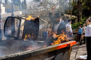 A chair is thrown into the fire during the Biur Chametz. During the Biur Chametz, religious Jews fulfill their obligation to inspect their homes for any leaven and eliminate it before the night of Passover. In ultra-Orthodox cities in Israel, fires are set up in major locations in the city for this purpose, where people bring their bread leftovers to burn the leaven. During the seven days of Passover, they are prohibited from eating or possessing any leaven, symbolizing the dough the Israelites did not have time to allow to rise before the Exodus from Egypt. Biur Chametz, also known as 'the burning of the leavened goods,' is a Jewish ceremonial ritual involving the burning of leavened foods (chamets) to mark the start of Passover.