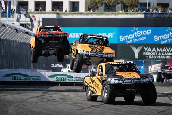 Max Gordon (right), Matt Brabham (middle) and Max Gordon hit a jump in front of the main spectator bleachers during the Stadium Super Truck Championship runs. The Acura Grand Prix of Long Beach made its way through the city streets of downtown Long Beach once again, where drivers and teams in the IMSA, Indycar, GT America and Super Stadium Truck series battled it out to start their 2024 racing circuit.