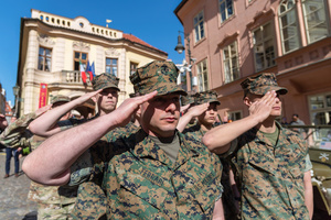 History enthusiasts dressed in World War II US Army uniforms salute during the Convoy of Liberty event in Prague. The Convoy of Liberty commemorates the liberation of the western part of the Czech Republic from Nazi occupation by the US Army, as well as the 79th anniversary of the end of World War II in 1945. Throughout the convoy, individual military history clubs and army forces re-enactors join the routes of Allied armies.