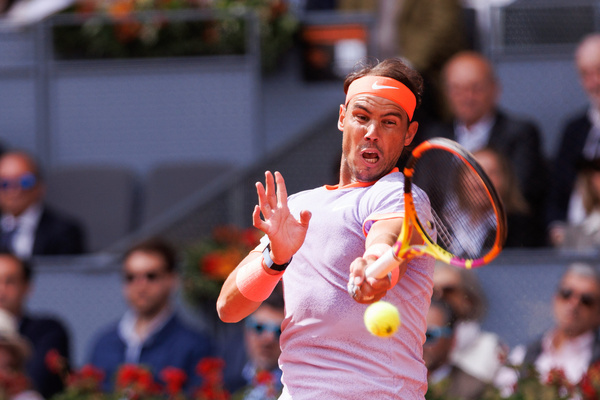 Rafael Nadal of Spain plays against Pedro Cachin (not in picture) of Argentina during the Mutua Madrid Open 2024 tournament at La Caja Magica. 
Final score; Rafael Nadal 2:1 Pedro Cachin.