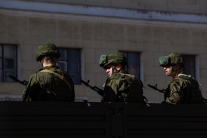 Russian military personnel during a rehearsal for the May 9 Victory Parade on Palace Square.