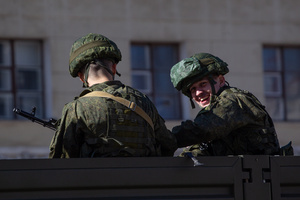 Russian military personnel during a rehearsal for the May 9 Victory Parade on Palace Square.