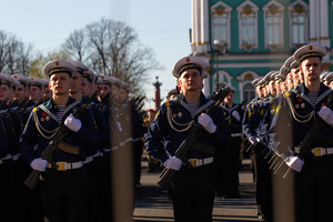 Russian military personnel during a rehearsal for the May 9 Victory Parade on Palace Square.